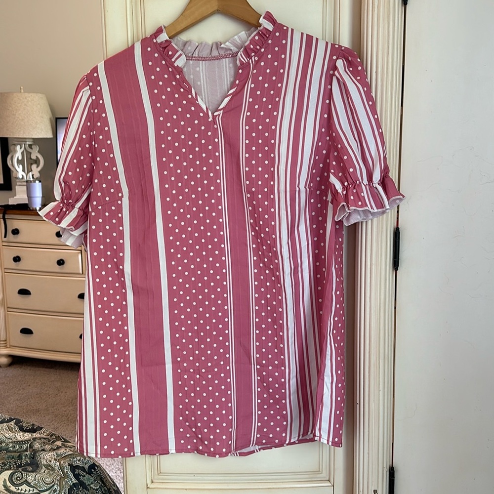 Pink stripe and polka dot top
